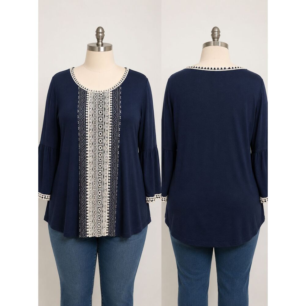 Tru Self Womens 2X Navy Lace Crochet Bell Sleeve Boho Peasant Top - Picture 2 of 4